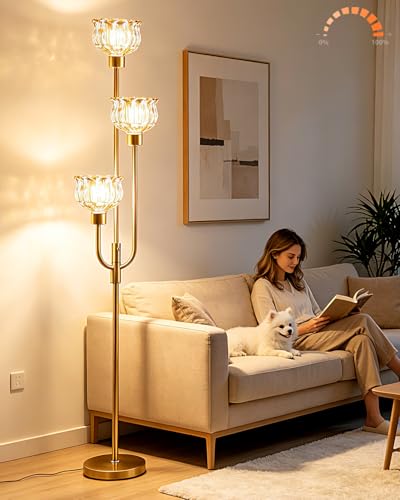 Image of 3-Lights Modern Glass Floor Lamp 66IN Gold Dimmable Floor Lamps with 3000K Warm White Bulbs for Wedding Party Tall Standing Lamp with Amber Glass Shade for Living Room /Bedroom /Girls Room