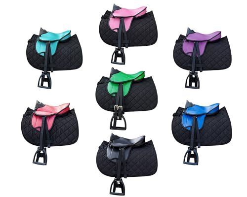 Brama West Holzpferd Sattel Set „My Happy Pony“ | Sattel für Shetty Pony Holzpferd | mit Satteldecke, Sattelgurt, Steigbügel & Steigbügelriemen | Sattel Rosa/Decke Schwarz
