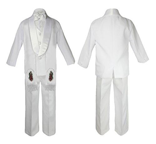 Image of Baby Boy Christening White Shawl Lapel Suit Silver Virgin Mary on Stole SM-20