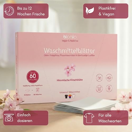 Bionilo Waschmittelblätter Himmlische Kirschblüte – 60 Waschgänge – Vegan Plastikfrei Biologisch Abbaubar – Nachhaltig Umweltfreundlich – Kompakt Reisegröße Waschmittel Blätter