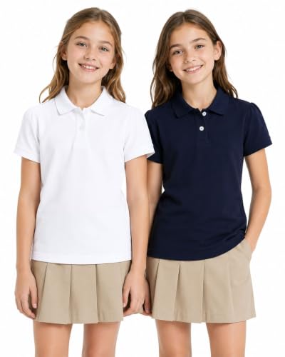 HILEELANG Girls Polo Shirts Uniform 2 Pack Short Sleeve Pique White Navy