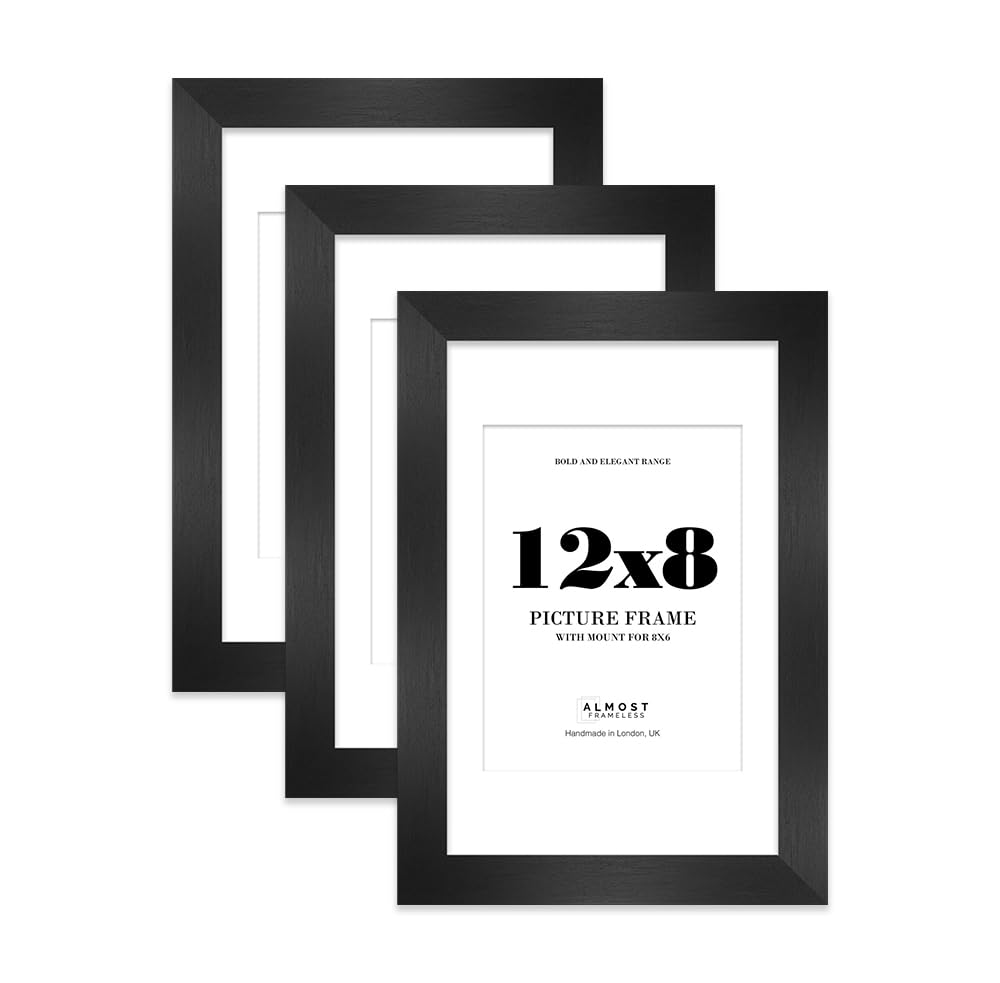 12x8 Black Frame With Mount for 8x6 Pictures 28mm Edge Portrait and Landscape Display with Wall Hooks and Kickstand, 3 Pack
