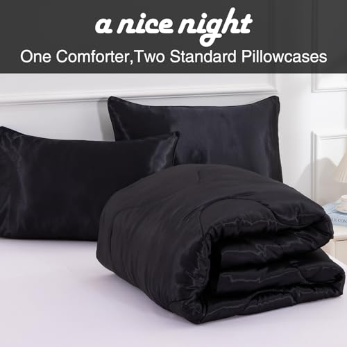 A Nice Night Satin Silky Soft Quilt Luxury Super Soft Microfiber Bedding Thin Comforter Set Full/Queen, Light Weighted (Black, Queen) - Image 3