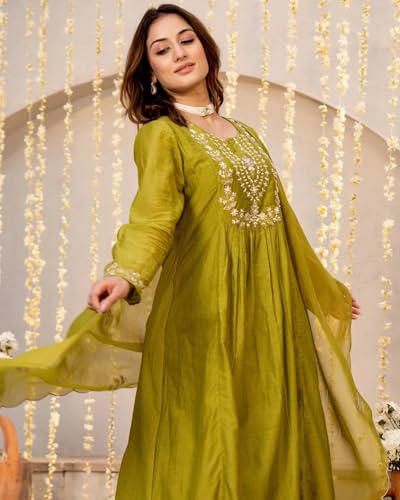 Image of Nermosa Women Embroidery Solid A-Line Kurta and Pant Set with Dupatta