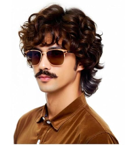 Image of Short Feather Hair Wig for Men, 70s /80s Retro Costume Wig with Glasses, Ideal for Halloween Cosplay & Themed Events(Dark Brown)