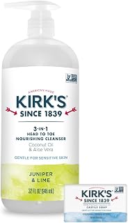 Kirk's 3-in-1 Castile Liquid Soap Travel Size Bar Soap (1.13 oz.) | Head-to-Toe Clean Shampoo, Face Soap & Body Wash for Men, Women & Children | Juniper & Lime Scent | 32 Fl Oz.