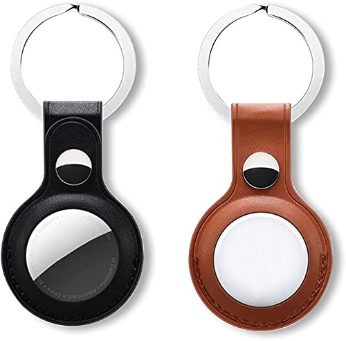 2pcs Leather for AirTags Keychain Protective Cover, Leather Protective Sleeve Cover Leather Case for AirTags (Black+Brown)