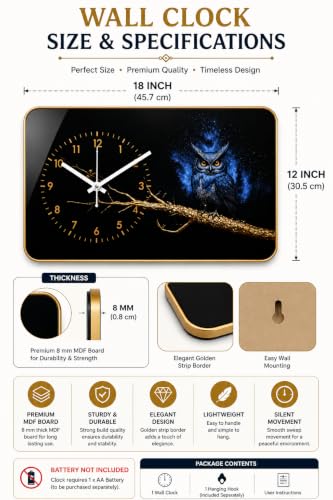 Image of Mystic Owl Wall Clock | Silent Sweep Movement | Vastu Compliant Luxury Decor | Evil Eye Nazar Protection Owl Art | Premium Home Decor Gift for Living Room, Bedroom, Office & Entrance 18 x 12 Inch