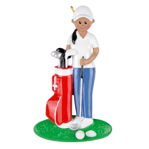 Golf Christmas Ornament 2026 African American Female Golfer with Red Bag