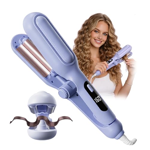 Image of 1&1.25 Inch Hair Crimper for Women to Adjustable Groove - Deep Waver Crimper Hair Tool - Waver Curling Iron - Anti-Scald Tech Hair Waver - Ionic Ceramic Coating for Long-Lasting,Fast Heating,Blue