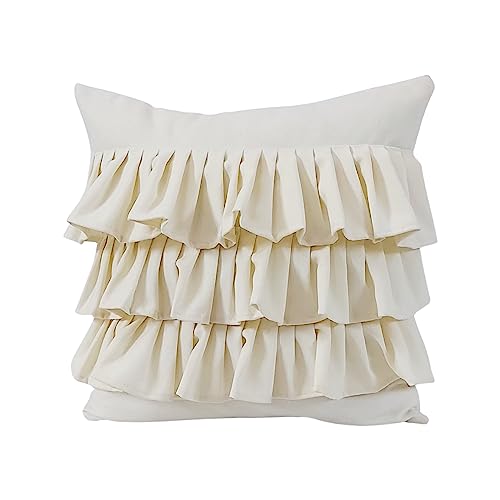 WWW.THROWPILLOW.IN Ivory Ruffle Cushion Cover, Decorative Throw Pillow, Cotton Frill Texture, Handmade Soft Cushion for Sofa Bedroom, Vintage Minimalist Décor Square Sofa Cushion 14x14 Inches