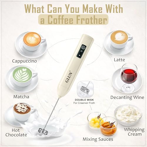 Image of GLUN Portable Coffee Frother Vibe Olive Green Colour 1 Piece, Type-C Port Rechargeable Handheld Milk Frother with 2-Layer Detachable Steel Whisk, Fast Foam Maker for Latte, Cappuccino & Coffee