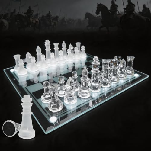 e5e10 Glass Chess Set Frosted and Clear Pieces Felted Bottom for Adult and Teens (Clear, 13"*13")