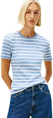Tommy Hilfiger Slim Cody C-nk Ss Ww0ww40587 Camiseta, Blue (Clear Water/ Ecru Stp), M para Mujer
