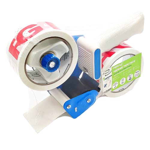 Packset Dévidoir De Ruban Adhésif D'emballage Silencieux, Solide Et Sécurisé Avec 2 Rouleaux De Ruban Adhésif Fragile Inclus 48mm X 66mm - Idéal Pour Déménager, Sceller Colis Pour Le E-commerce Cover