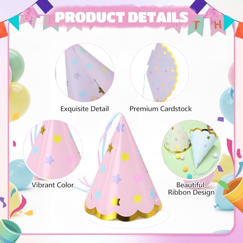 AmazingSpark 24 Pcs Pastel Party Hats Paper Cone Birthday Hats with Hot Stamping Pentagram and Ribbon Mini Party Headwear for Birthday, Baby Shower, Bridal Shower Decorations by AmazingSpark - Image 4
