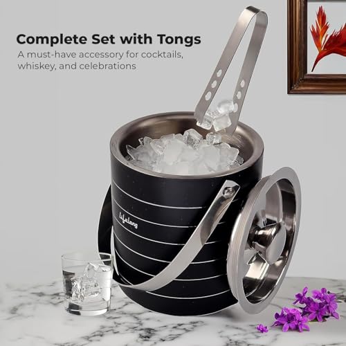 Image of Lifelong 1.5L Stainless Steel Double Walled Ice Bucket with Tong & Lid| Ice Box for Home, Bar, Parties & Gifting| Black Ring Design| Rustproof Ice Container with Handle for Whiskey, Cocktails & Drinks