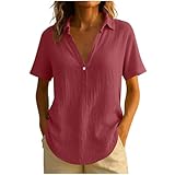KOG Leinenbluse Damen Sommer T-Shirts Kurzarm Leinenshirt Oberteil Einfarbig Streetwear Retro Leinen Frau Longshirt Vintage Top Frauen Strand Sweatshirt Freizeitshirt Kleidung Wein S
