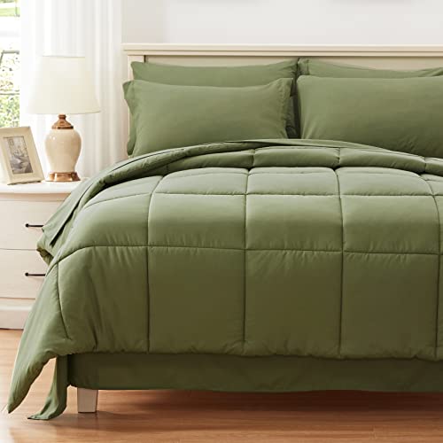 Anluoer Queen Size Bed In A Bag 7 Pieces, Olive Green Bed Comforter Set With Comforter And Sheets, All Season Bedding Sets With 1 Comforter,2 Pillow Shams,2 Pillowcases, 1 Flat Sheet,1 Fitted Sheet #TOP1