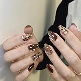 BHIDENAW ネイルチップ ショート 24枚入 人気 和風 かわいい シンプル おしゃれ 成人式 結婚式 パーティー 日常生活に使用できます 花嫁ネイル 光沢 つけ爪 両面テープ ウッドスティック (一目惚れ N41, M)