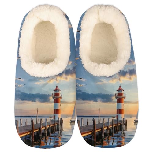 Sunset Lighthouse House Slippers for Women Men, Sea Seagull Fuzzy Soft Cozy Non Slip Slipper Socks