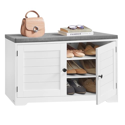 Image of VASAGLE Shoe Storage Bench with Cushion, 3-Tier Entryway Bench with Padded Seat, Doors, Adjustable Shelves, 14 x 31.9 x 20.7 Inches, for Hallway, Bedroom, Cloud White and Dove Gray ULSB034W01