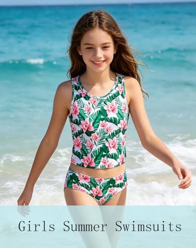 Image of Girls Swimsuits 3 Piece Tankini Bathing Suit Set Cute Bikini Swimwear with Cover Ups Beach Skirt 5-16 Years
