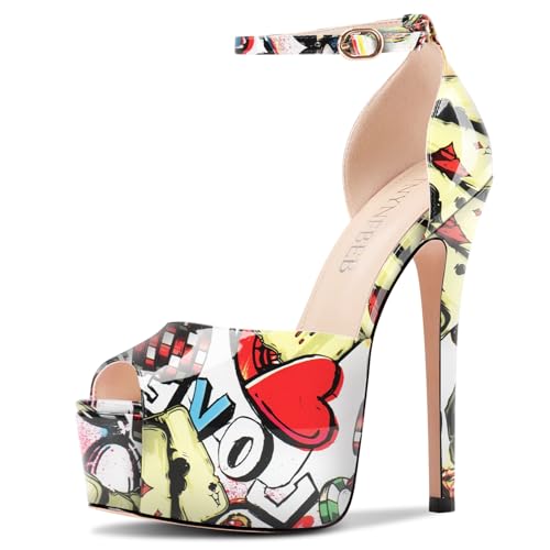 Image of TNYNFBEB Womens Stiletto High Platform Heel Peep Open Toe Sandals Ankle Strap Buckle Prom Party Dress Patent Leather 6.1 Inches Heels