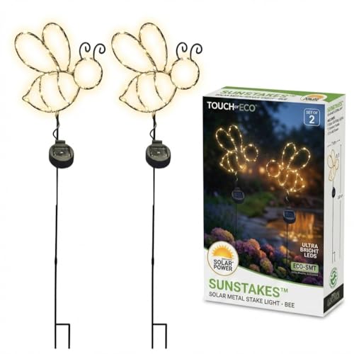 Touch Of ECO Outdoor Solar Powered LED Decorative Garden Stake Light - 2 Pack Warm White Bee Design - Great Decor for Yard Patio Lawn Planter-Makes a Great Gift