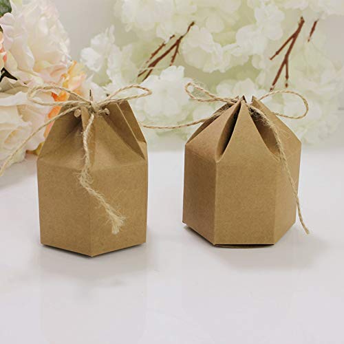 Kumkey 50x Retro Kraft Paper Candy Box Creative Hexagon Hemp Rope Souvenir Jewelry Gift Box for Wedding Birthday Party Graduation Baby Shower Day Christmas Decoration Carton