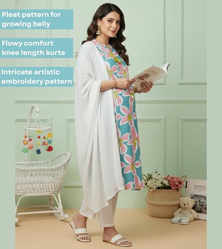 Image of DUMMY SHAPE Maternity Dresses for Women Cotton | Floral Kurta Pant Dupatta Set with Nursing Zippers, Side Pocket | Pre & Post Pregnancy | Feeding Kurti Suit | Baby Shower | Gifts for Pregnant Woman