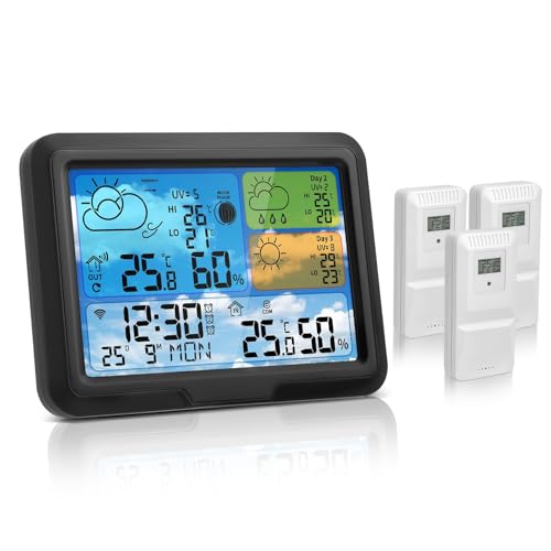 Wetterstation Wlan,Mit 3 Außensensor & Wettervorhersage,Mit App Tuya Und Smartlife,Digital Farbdisplay,Batteriebetrieb Und Netzbetrieb,Wetterstation...