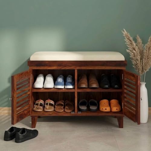 Image of Amazon Brand - Solimo Giljan Solid Sheesham Wood Shoe Storage Cabinet with Seating Bench, Honey Finish, 2 Doors