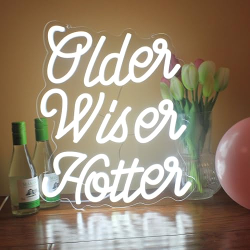 Image of White Older Wiser Hotter Neon Sign Happy Birthday Funny Neon Light for Men Women Birthday Party Decorations Backdrop Lights Sign Birthday Gift
