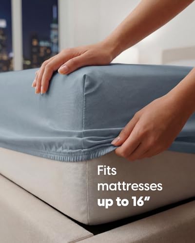 Image of Sleepy Town Full Size Bed Sheets - 4 Piece - Full Sheet Set - Extra Soft, Comfy & Cooling - Easy Care - Shrinkage, Wrinkle & Fade Resistant - Brushed Microfiber - Deep Pocket Bed Sheets (Steel Blue)