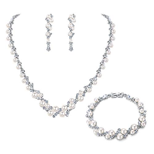 Ever Faith Simulated Pearl Crystal Bridal Necklace Earrings Bracelet Set Silver-Tone Ivory Color #TOP12