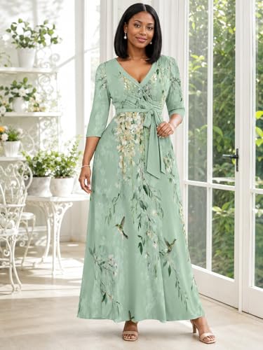 Image of PinkPatty Plus Size Maxi Dress for Women Casual V Neck 3 /4 Sleeve Boho Printed Long Dress with Pockets
