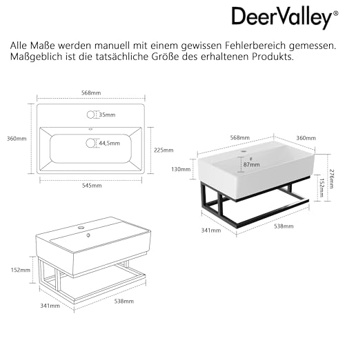 DeerValley Modernes Wand Waschbecken Mit Schwarzem Handtuchhalter – Weißes Keramik Aufsatz Waschbecken Für Gäste WC & Kleines Bad, Platzsparend Mit Überlauf, 56x36 cm