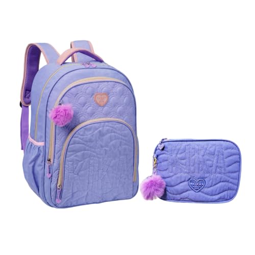 Kit Mochila e Estojo Escolar Juvenil Matelassê Kika KK24M27 (Lilás)