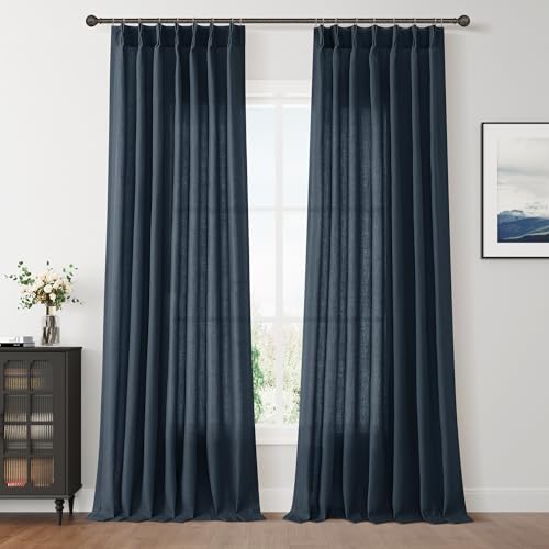 Aersas Vintage Blue Pinch Pleated Linen Curtains 120 Inches 2 Panels for Living Room Bedroom Privacy Windows Treatment Light Filtering Sliding Glass Door Curtain House Casual Decorations 40x120
