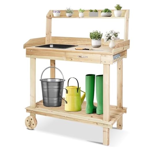 LUCKYERMORE Potting Bench Table Wooden Gardening Plant Workstation Natural Solid Wood with Drawer Sink Hook Open Shelf for Outside Patio Lawn Garden, Banco para macetas
