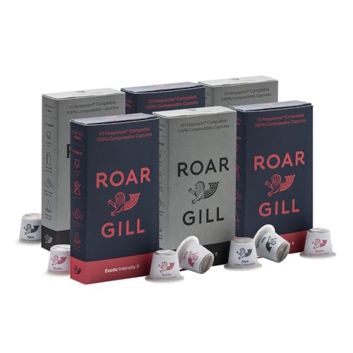 Roar Gill Exotic and Rare 60 Compostable Coffee Pods, compatible with Nespresso Original Machines – Intensity Level 7 – Layered cacao, hazelnuts & cedar – 100% Plastic-Free & Home Compostable