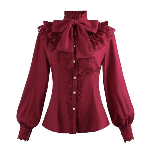 NSPSTT Victorian Blouse Gothic Shirt with Puff Sleeves and Lace Collar, Red, XXL