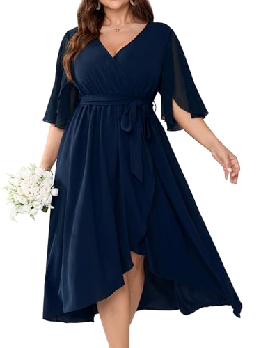Plus Size Formal Wedding Guest Cocktail Dress for Curvy Women Flutter Sleeve Faux Wrap V Neck Midi Dresses