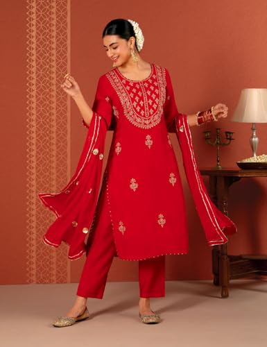 Image of Kaari Women's Embroidered Kurta Set with Dupatta - Straight Fit | Silk Blend Fabric with Zari Embroidery | Gota Patti Work Cotton Dupatta | Kurta Set For Women