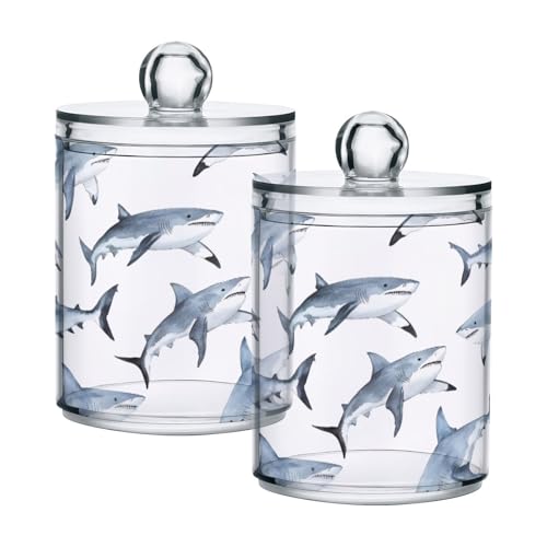 Msyxl 2 Pack Shark Apothecary Jars with Lid, Qtip Holder Storage Containers for Cotton Ball, Swabs, Pads, Clear Plastic Canisters for Bathroom Vanity Organization (10 Oz)
