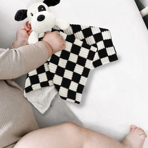 Image of Baby Security Blanket for Boys Girls, High Contrast Super Soft 3D Checkerboard Gingham with Minky Dot Fabric Backing Snuggle Stuffed Animal Blankie Puppy Lovely Black 14 Inch