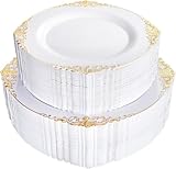 Joyido 102PCS White and Gold Plastic Plates - Heavy Duty Gold Disposable Plates Include 51PCS 7.5inch Dessert Plates, 51PCS 10.25inch Dinner Plates for Wedding & Parties