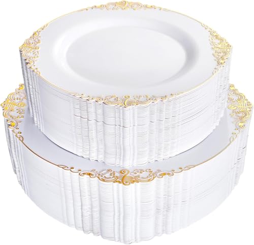 Joyido 102PCS White and Gold Plastic Plates - Heavy Duty Gold Disposable Plates Include 51PCS 7.5inch Dessert Plates, 51PCS 10.25inch Dinner Plates for Wedding & Parties