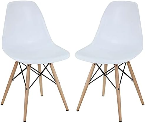 Modway Pyramid Mid-Century Modern with Natural Wood Legs, Two Dining Side Chairs, White